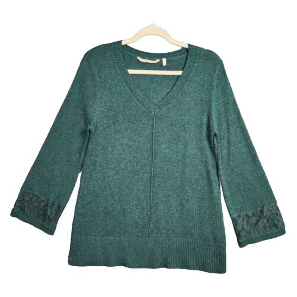 SOFT SURROUNDINGS Green Wool Blend Lace Sweater Cozy Comfort Feminine SIZE SMALL